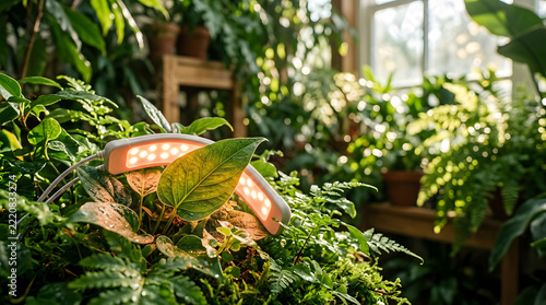 Specialized LED indoor grow light provides essential full spectrum illumination for tropical houseplant development.