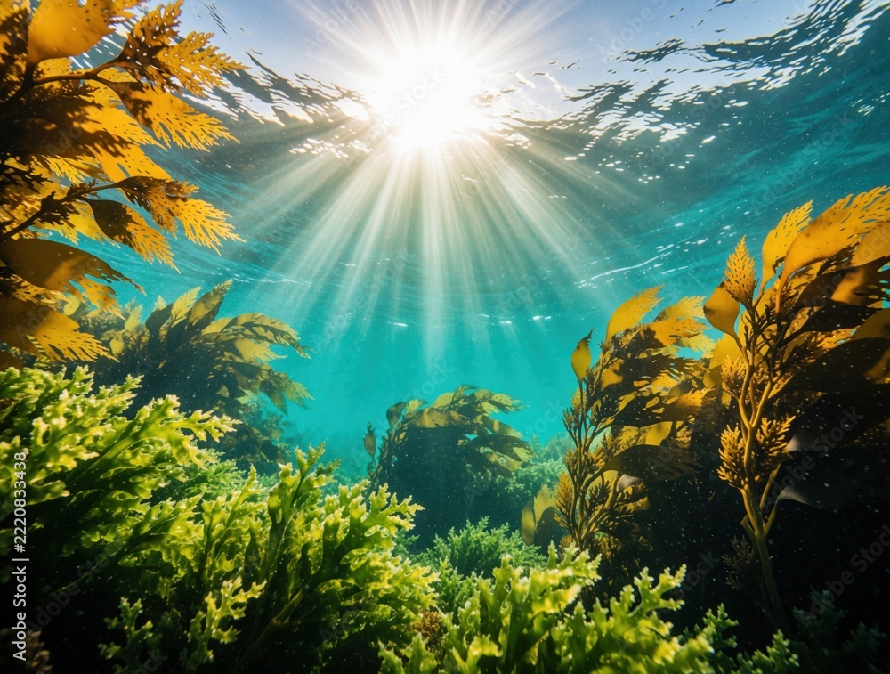 Fototapeta premium Green seaweed, yellow algae float in clear blue ocean water. Sun rays shine through surface to underwater marine plants. Natural aquatic ecosystem with rich sea flora under bright sunlight in