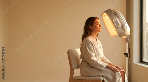 A relaxed woman experiences a professional LED light therapy session for facial skin rejuvenation and wellness.