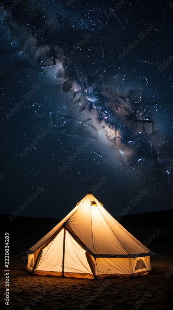 Fototapeta premium Glowing bell tent sits in desert under bright milky way galaxy. Beautiful starry sky covers night dunes. Cozy camping setup provides peaceful adventure in wilderness. Warm light shines from canvas