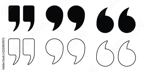 Collection of quotation mark icons in solid black and outline styles for speech, dialogue, citation, and typography design elements isolated on white background vector illustration
