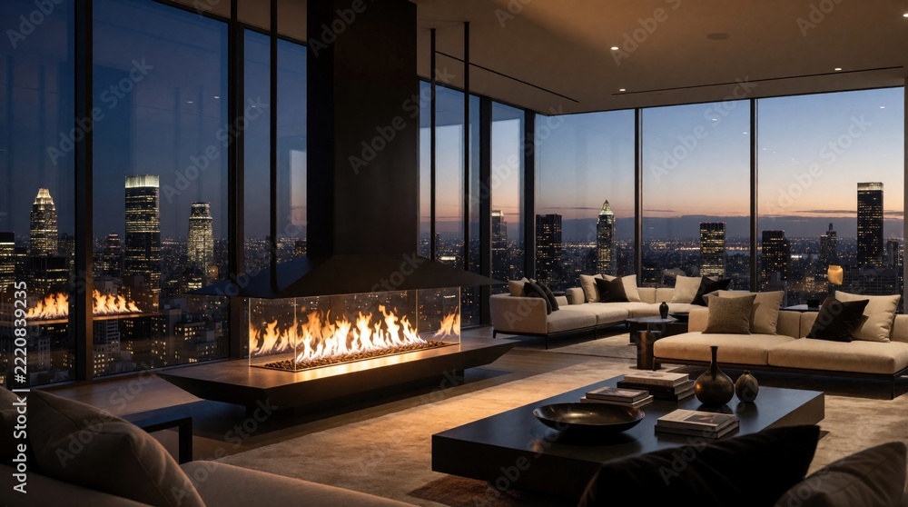 Fototapeta premium Luxury penthouse lounge features modern interior design with suspended fireplace. Large glass windows show city skyline at dusk. Elegant living room with comfortable sofas, coffee table offers
