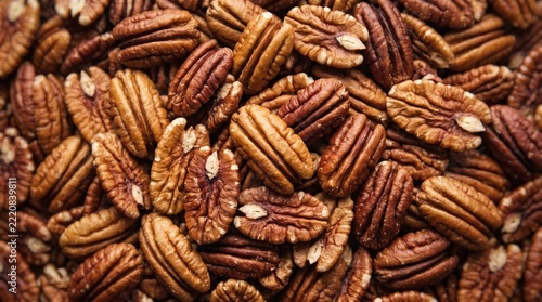 Realistic pecan nuts illustration, detailed walnut background texture, brown dried fruit pattern, organic food vector graphic design