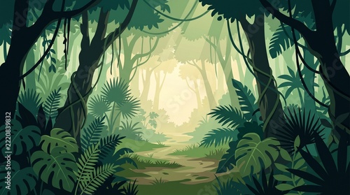 Cartoon jungle illustration, tropical rainforest landscape background, deep green jungle foliage and trees, wild nature environment design