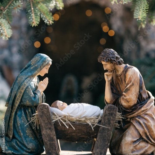 Serene Nativity Scene with Mary, Joseph, and Baby Jesus in Soft Natural Light