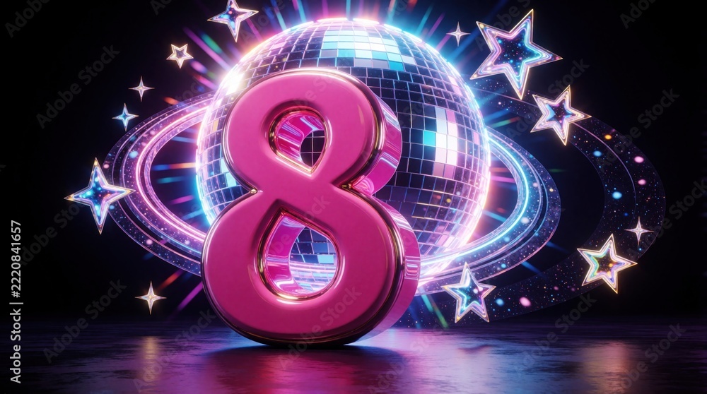 Fototapeta premium Pink 3D number eight with shiny metallic texture sits in front of disco ball. Glowing stars, cosmic rings create festive atmosphere. Vibrant neon lights, sparkles shine on dark background for