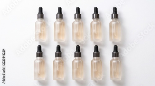 Minimal Frosted Glass Dropper Bottles Arranged Grid Cosmetic Serum Packaging On White Background