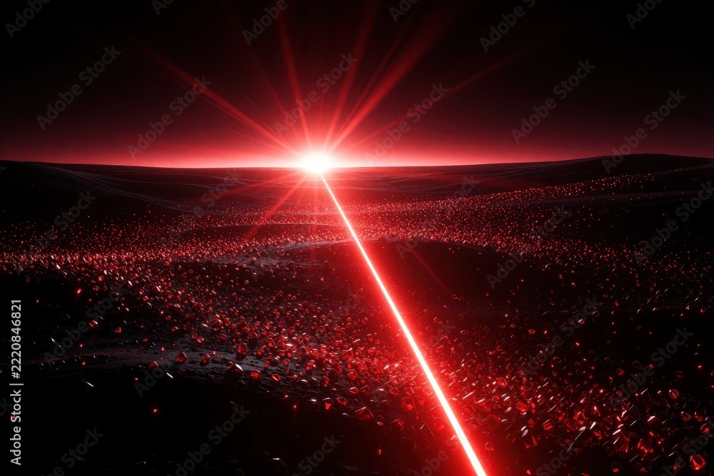 Fototapeta premium Bright red laser beam crosses dark landscape with central flare. Light ray hits ground covered in red particles, small stones. Sci-fi glow illuminates horizon, night terrain. Abstract tech background