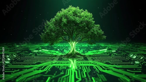 Green tree grows from circuit board. Eco tech concept. Sustainable future. Environmentally friendly innovation. Renewable energy, responsible tech. Future green, digital.