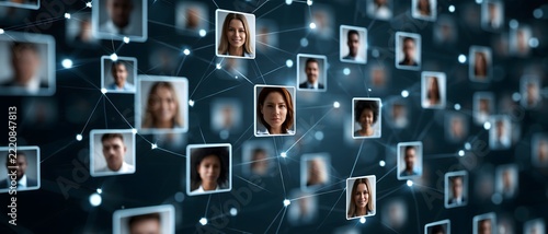 Corporate human capital analytics visualization with hundreds of glowing employee profiles connected through an intelligent network, organizational structure, recruitment trends and workforce