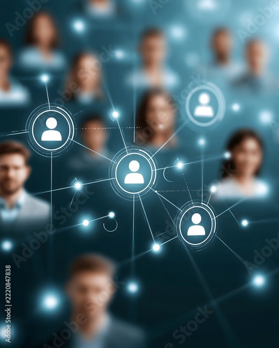 Abstract people analytics composition featuring diverse glowing employee avatars arranged around a central intelligence core, interconnected data pathways, recruitment insights and workforce metrics,