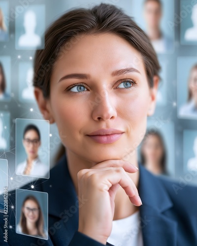 AI human resources assistant analyzing employee data and recruitment patterns, luminous human profiles, predictive workforce analytics and interconnected neural pathways, modern office technology