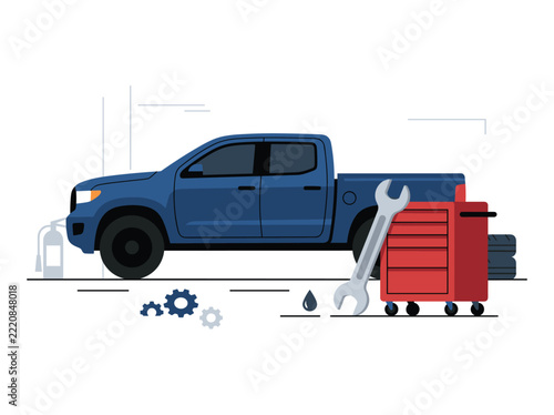 Blue Pickup Truck with Wrench and Tool Cabinet Repair Concept Vector