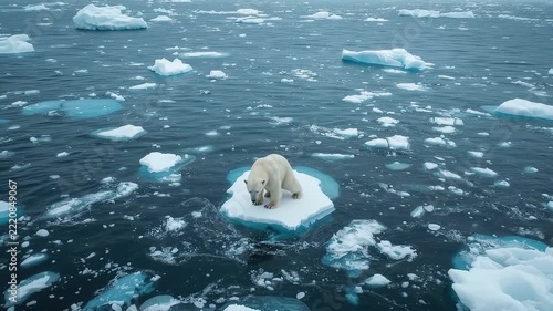 Large polar bear sitting on sea ice reflecting in a pond