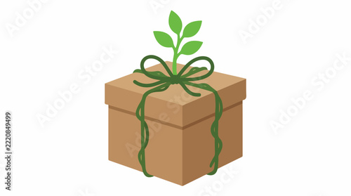 Sustainable holiday gift box, brown recycled paper texture, tied with a natural green vine, a small living plant sprout emerging from the top, simple organic shapes, trace optimized, minimalist