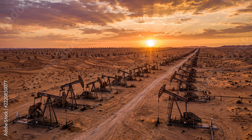 Street in the esert with oil pumps of both sides,  sunset in the background. Oil and gas industry, commodity, energy, fuel, petrol, oilfield,  production, energy, heating oil.