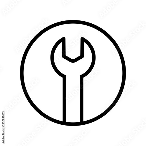 Wrench Line Icon in Circle, Black Outline Repair Tool Symbol on White