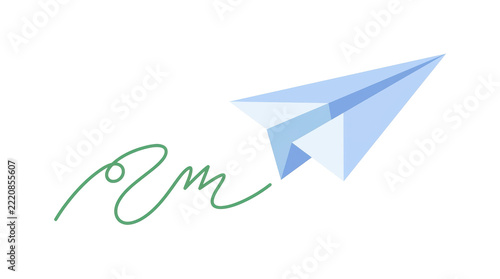 Blue Paper Airplane with Green Wavy Trail on White Background