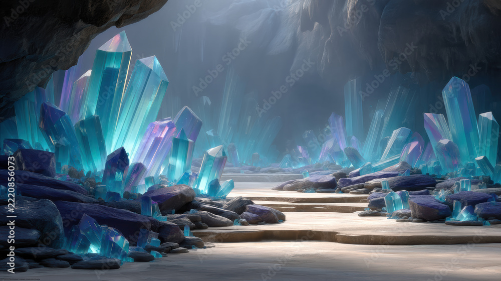 Fototapeta premium Magnificent rainbow crystal ice cave glowing gemstone fantasy landscape blue purple magical serene adventure