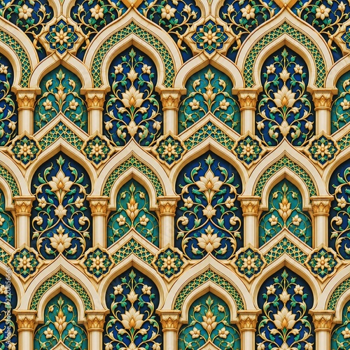 Luxury Islamic Seamless Pattern with Golden Horseshoe Arches, Floral Arabesque and Geometric Ornaments
