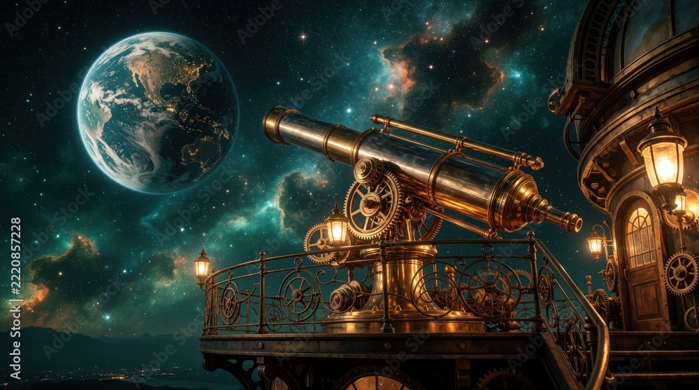 Fototapeta premium Steampunk observatory with large golden telescope on balcony. Antique brass machinery looks at planet Earth, cosmic nebula in dark space. Vintage sci-fi building features ornate gears, lanterns under