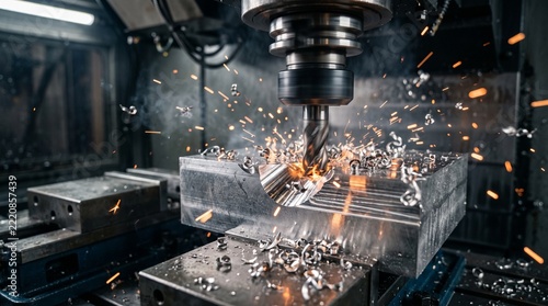 A CNC machine precisely cutting an aluminum workpiece with visible sparks in an industrial workshop, showcasing advanced manufacturing technology, metal fabrication, and precision engineering.