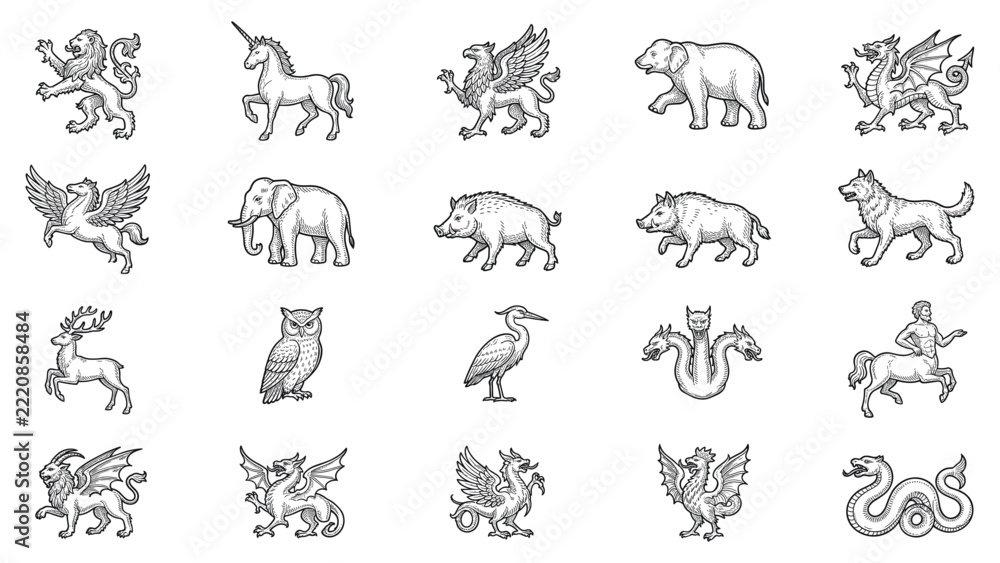 Obraz premium Heraldic mythical creature collection vintage engraving style set.
