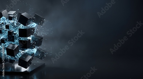Abstract futuristic floating 3D dark cubes with glowing blue energy connections and copy space