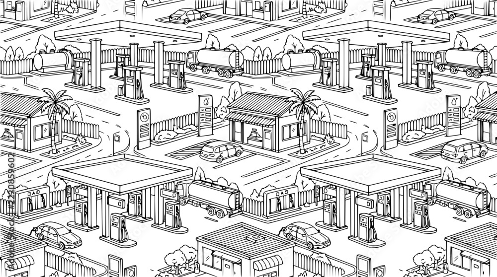 Obraz premium Retro Gasoline Station Pattern with Cars and Trucks