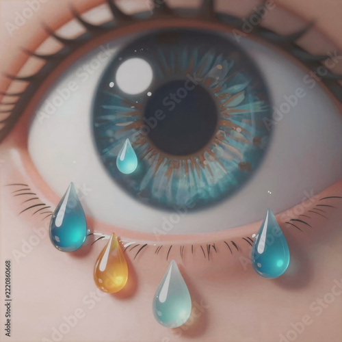 Dramatic Lighting Cartoon Upset. Cartoon Eyes With Tears Or Raindrops Depicting Sorrow And Weeping