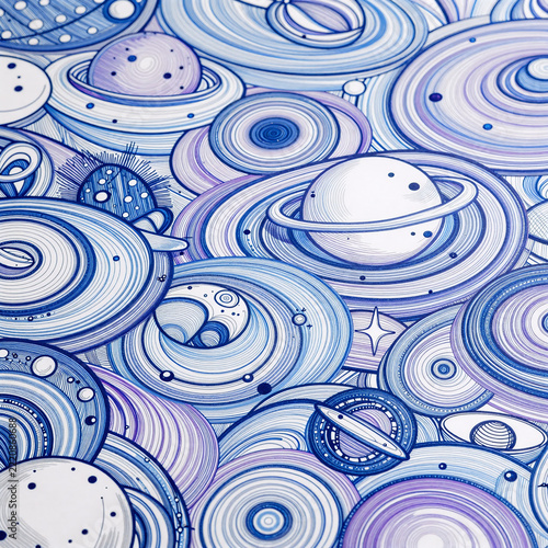 Line Art Seamless Universe. Doodle A Seamless Pattern For Space