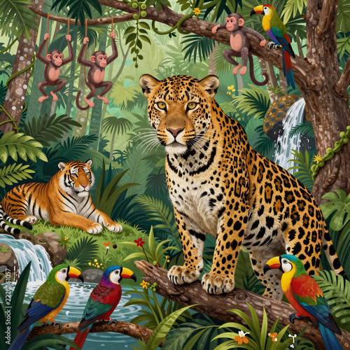 Indian Miniature Seamless Zoo. Tropical Jungle Illustration Featuring Exotic Animals And Birds, Including A Leopard, Tiger, Parrot, Toucan, Chameleon, And Monkey