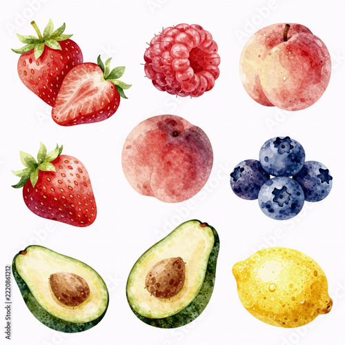 Character Concept Blueberry Image. Watercolor Illustration Of Isolated Fruit And Berry Drawings (Strawberry, Raspberry, Peach, Blueberry, Avocado, Lemon) On A White Background