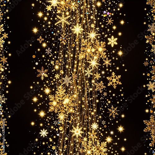 3D Game Seamless 1080P. Gold Neon-Glowing Starry Snowflakes Pattern On A Midnight Black Background