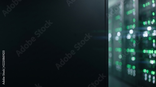 Blurred view of data center server racks with glowing green lights and dark copy space