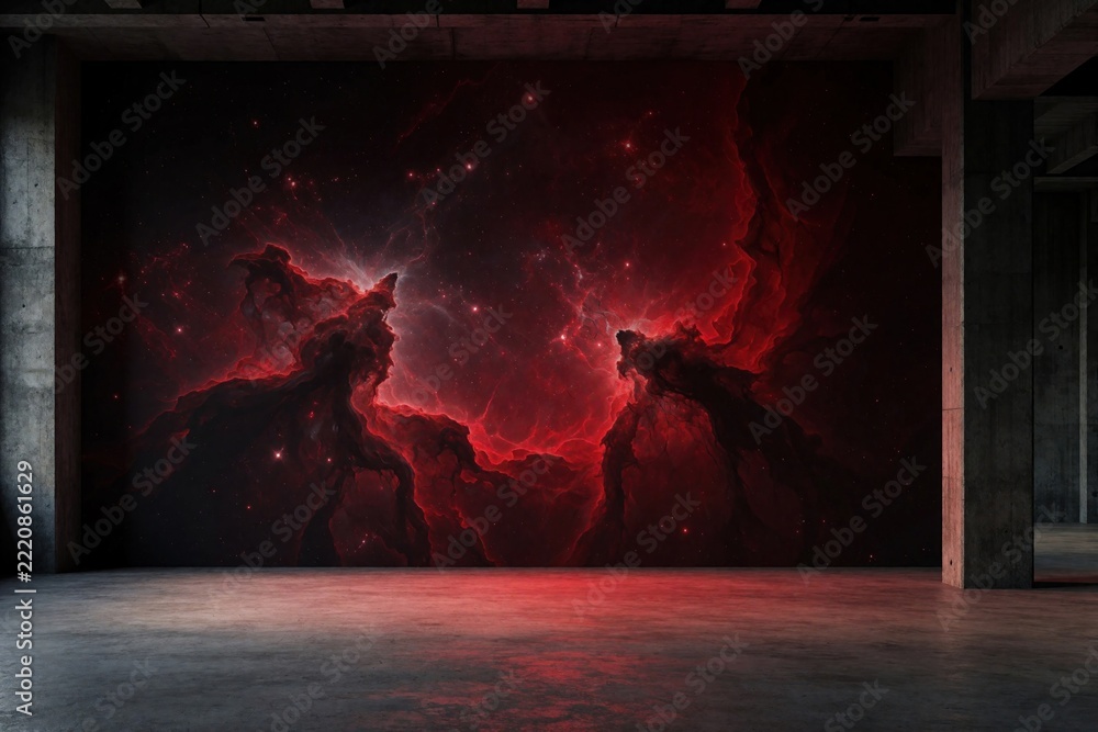 Fototapeta premium Dark red nebula wall mural in empty modern room. Large cosmic space painting creates moody atmosphere in loft apartment. Abstract galaxy art with glowing stars, smoke clouds decorates concrete wall