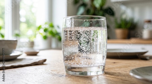 A transparent glass filled with sparkling water and tiny bubbles, placed on a wooden surface in a bright natural setting, representing hydration, freshness, wellness, and healthy living.
