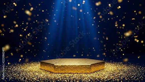 Empty golden hexagonal podium stage on a dark blue background, with falling gold, glitter particles and, bright spotlight illumination, from above