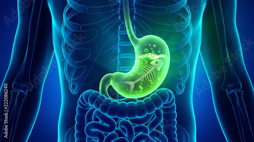 A glowing green stomach with fishbone and bubbling acid showing food poisoning, gastric irritation and Digestion Diarrhea