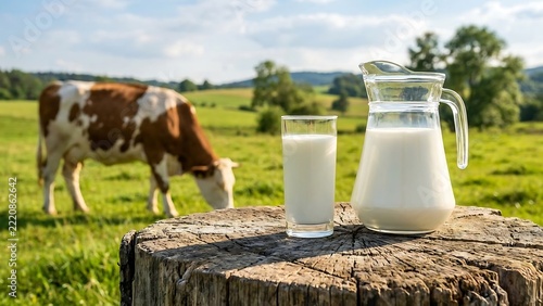 Glass of milk and a pitcher of milk on a wooden tree stump in a green pasture with a brown and white cow grazing in the background outdoors