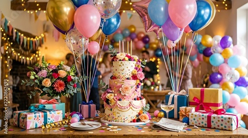 A vibrant birthday party setup featuring a decorated cake  assorted balloons  wrapped gifts  and fresh flowers on a rustic wooden table
