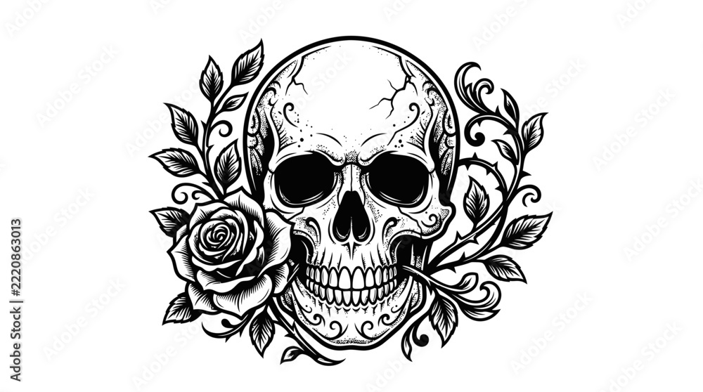 Fototapeta premium Detailed skull and rose vector illustration for gothic art design projects