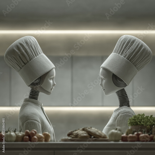 Two white robotic chef assistants facing each other in modern minimalist kitchen