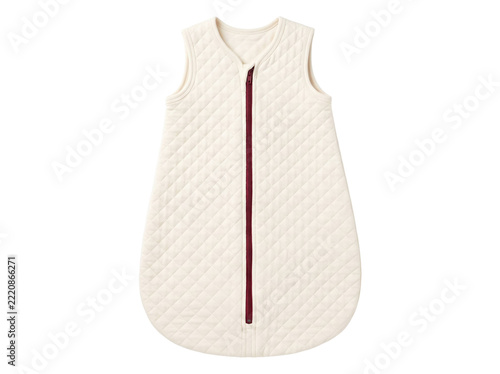 Quilted cream baby sleeping bag with a maroon zipper isolated on a transparent background studio