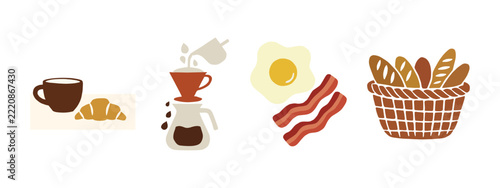 Flat vector breakfast food set with morning coffee and bakery elements
