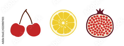 Minimalist flat vector fruit set with cherry lemon and pomegranate