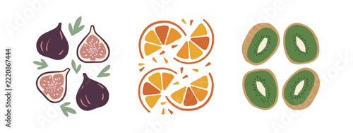 Modern flat vector fruit slices collection with fig orange and kiwi