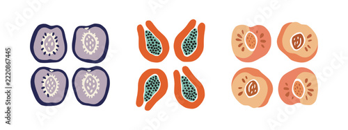 Organic sliced tropical fruit halves flat vector illustration set