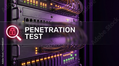 A server hardware with a glowing lock and magnifier for penetration testing and security vulnerability detection