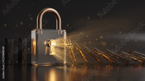 A golden padlock blocking a falling dominoes with circuit details, representing cybersecurity protection, penetration testing and breach prevention